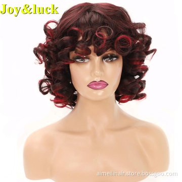 African Ladies Wholesale Hair Wigs With Bangs Spring Curl Mid-length Ombre Red Color Natural Curly Synthetic Full Hair Wigs